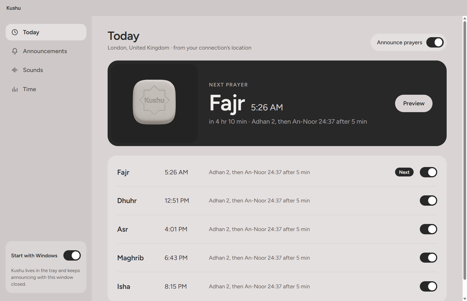 Kushu on the computer: the next prayer, and today’s five prayer times with a switch for each