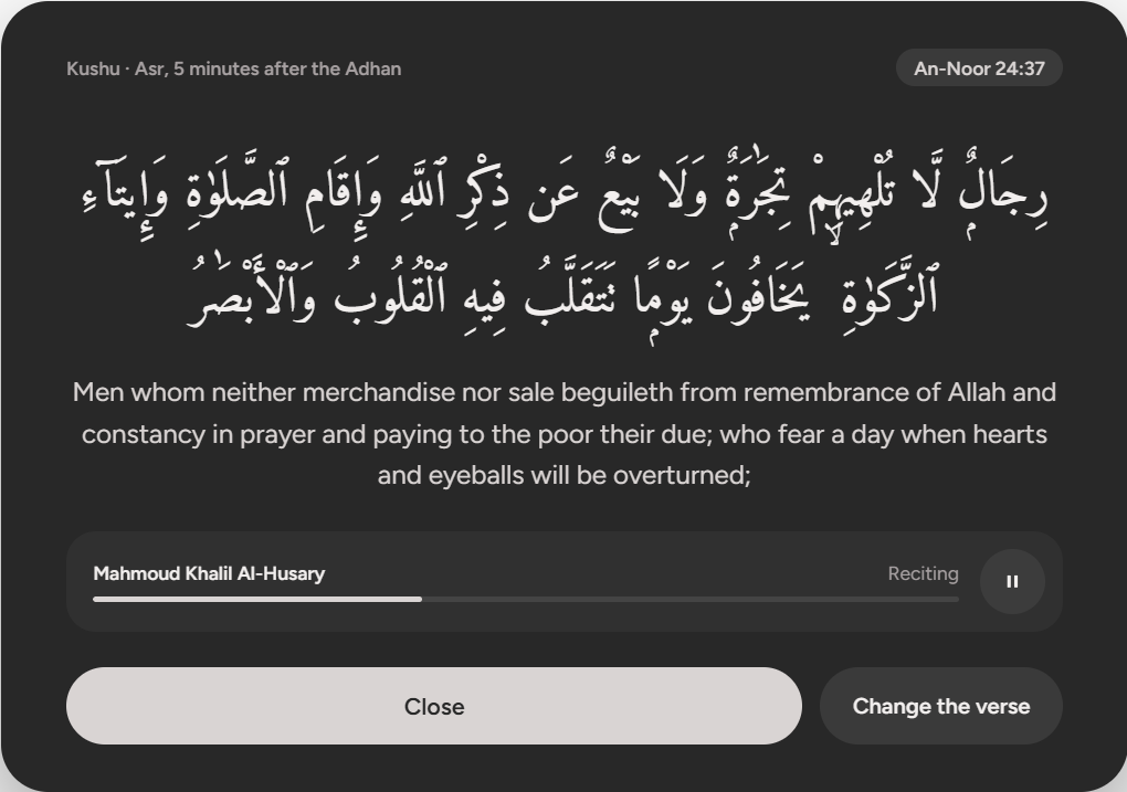 A verse pop-up: An-Noor 24:37 in Arabic and English, with its recitation playing